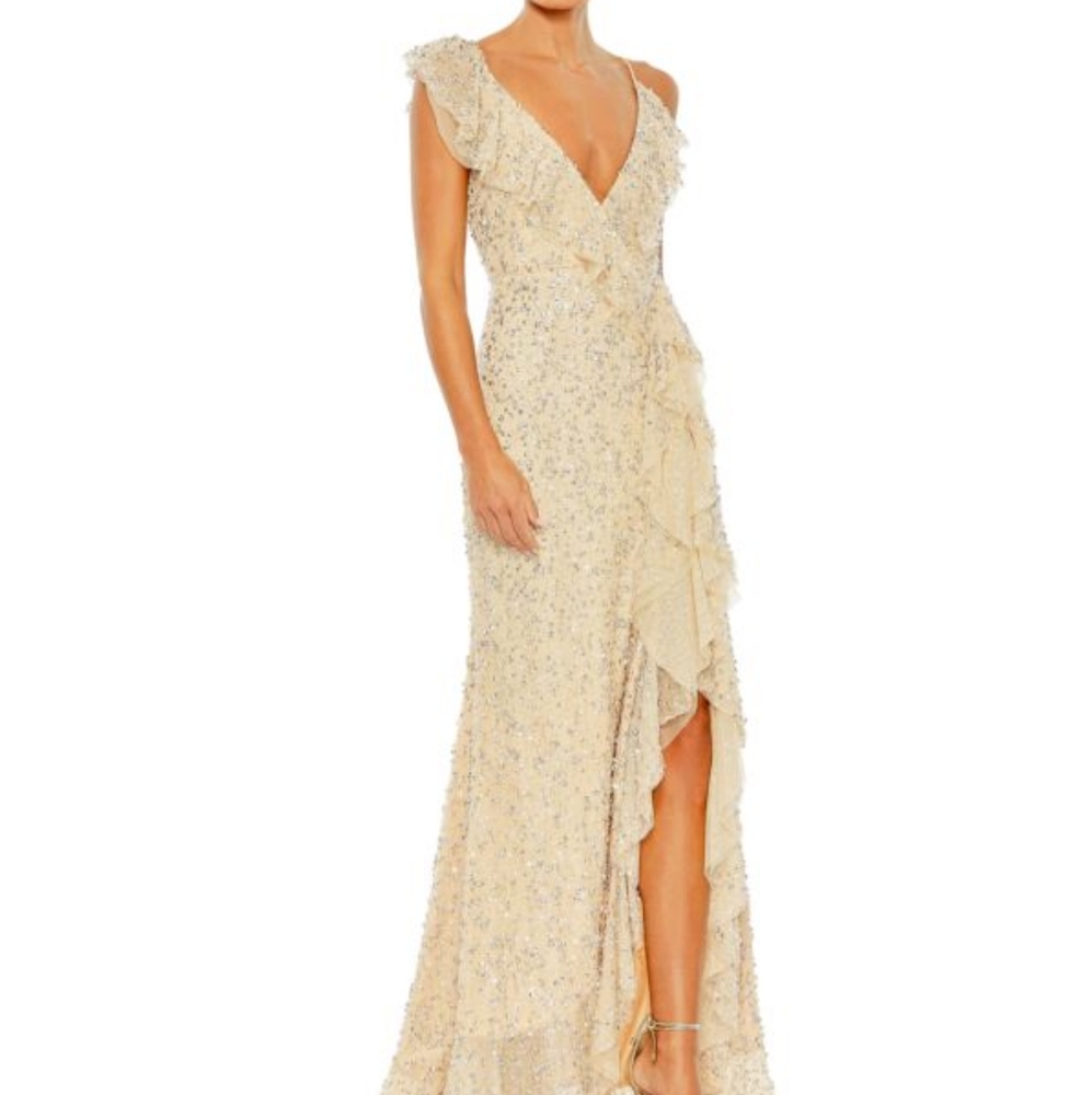 Mac Duggal 10931 Ruffled Faux Wrap Beaded Gown Gold Nude MED 6 NEW